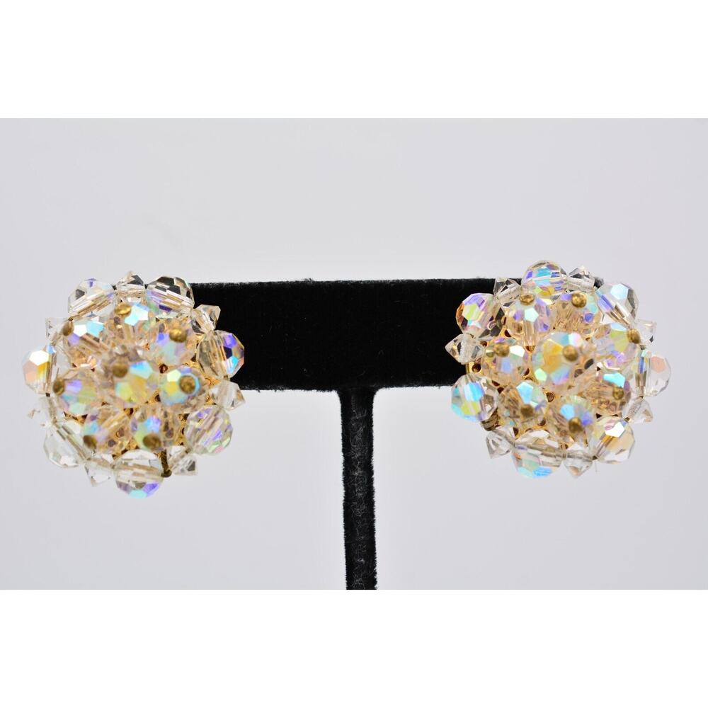 Vintage Crystal Clip On Earrings Aurora Borealis Cluster Chunky Round 80s BinAY